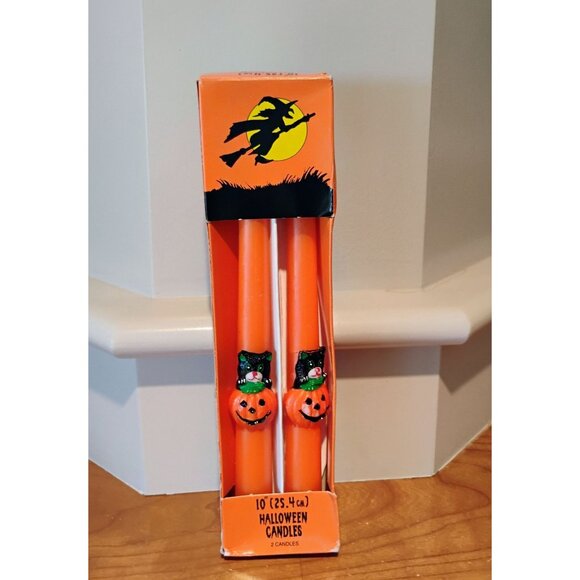Vintage Halloween Black Cat Pumpkin Taper Candles Set Of 2 -10” Hong Kong - NOS - Picture 5 of 7